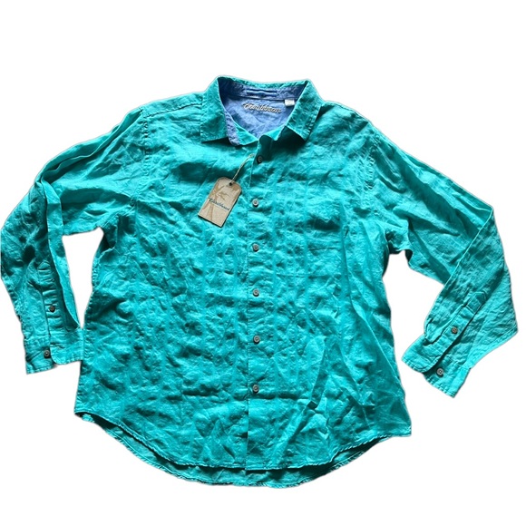 Caribbean Tops - New Caribbean Linen Blend Women’s Teal Button Down Long Sleeve Shirt Size XL
